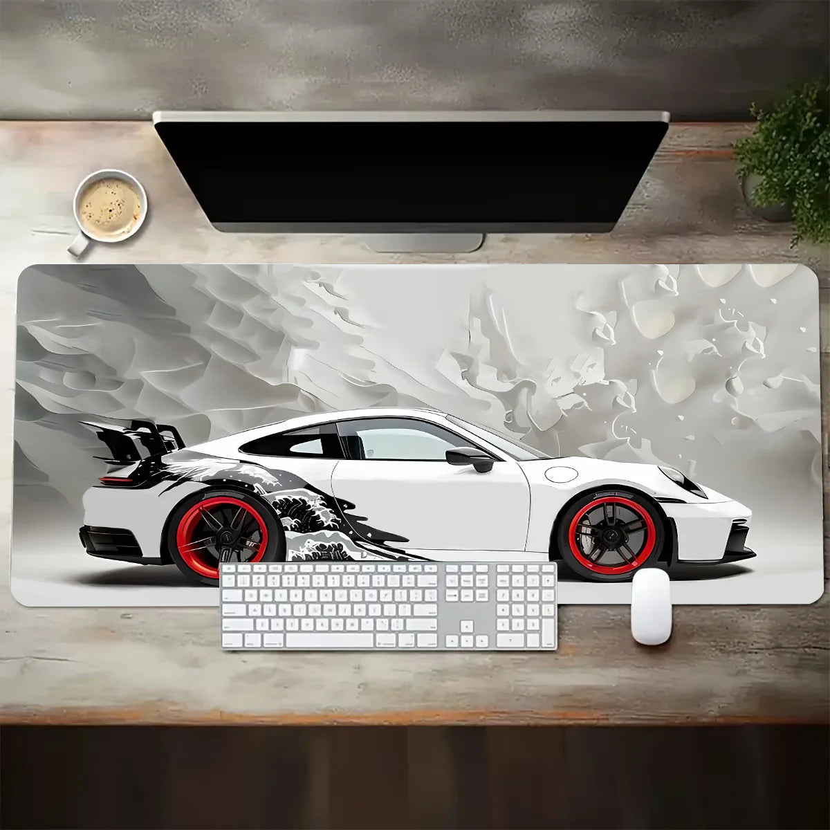 Großes weißes Gaming-Mauspad im Sportwagen-Design – rutschfest, langlebig & stylisch für Gamer und Büro