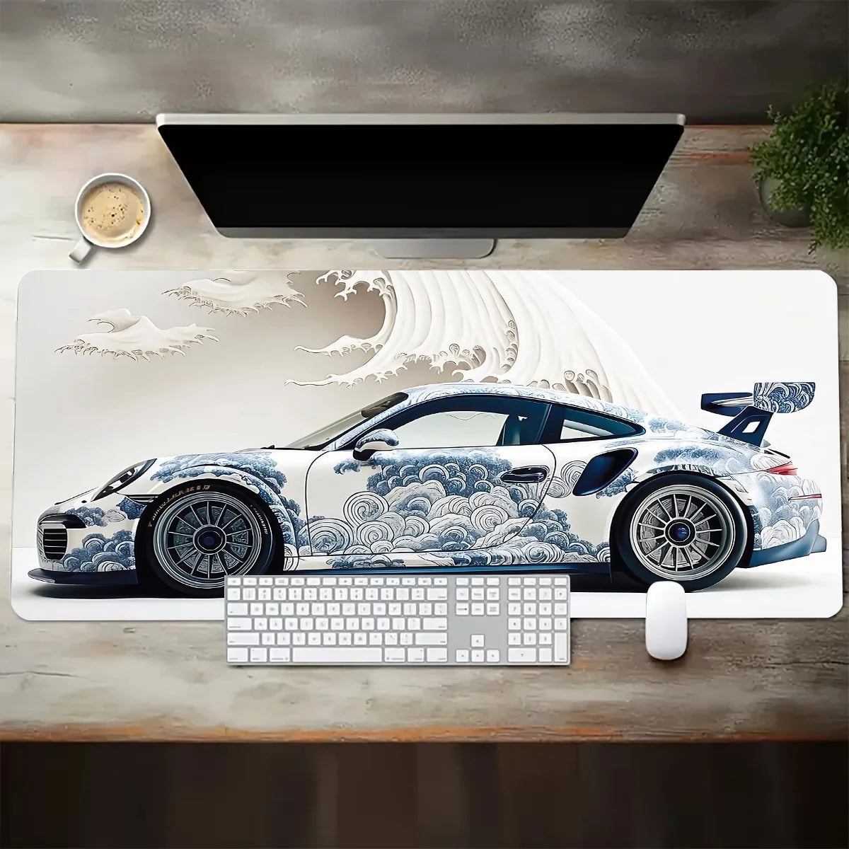 Großes weißes Gaming-Mauspad im Sportwagen-Design – rutschfest, langlebig & stylisch für Gamer und Büro