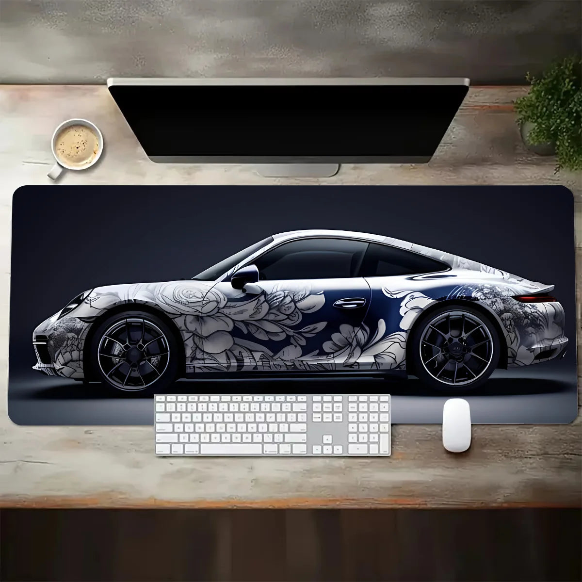 Großes weißes Gaming-Mauspad im Sportwagen-Design – rutschfest, langlebig & stylisch für Gamer und Büro
