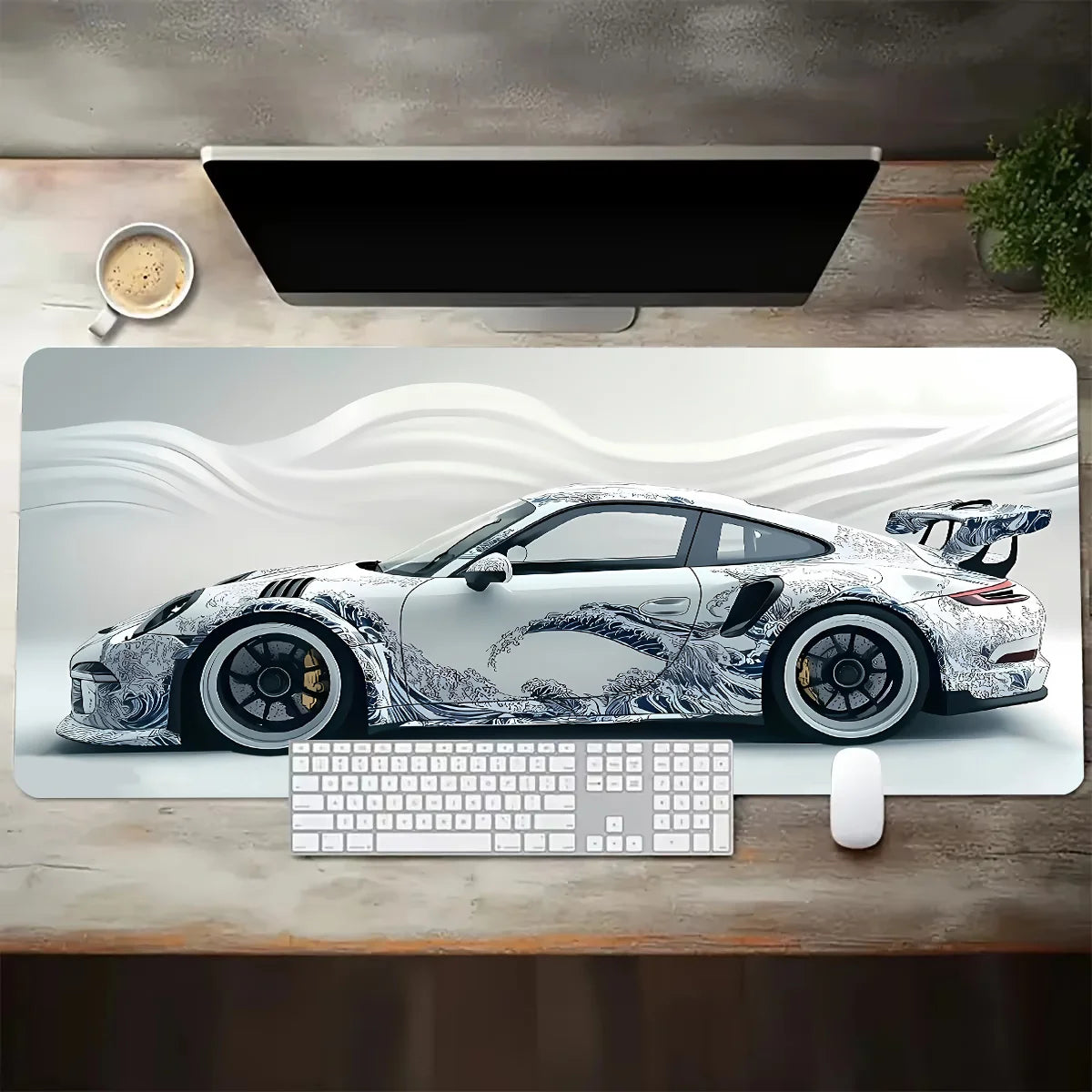 Großes weißes Gaming-Mauspad im Sportwagen-Design – rutschfest, langlebig & stylisch für Gamer und Büro