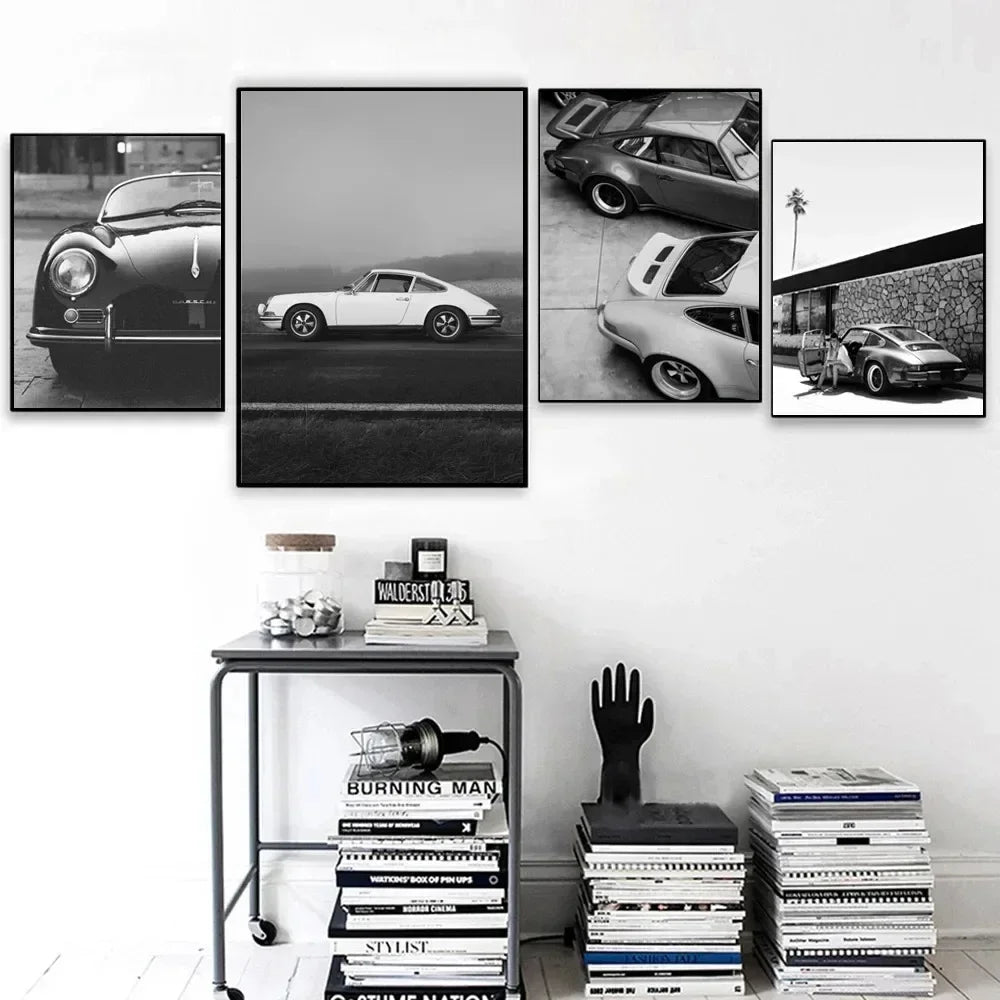 Porsche Rennwagen Poster – Schwarz-Weiß Leinwanddruck, Luxus Wandkunst für Wohnzimmer & Büro