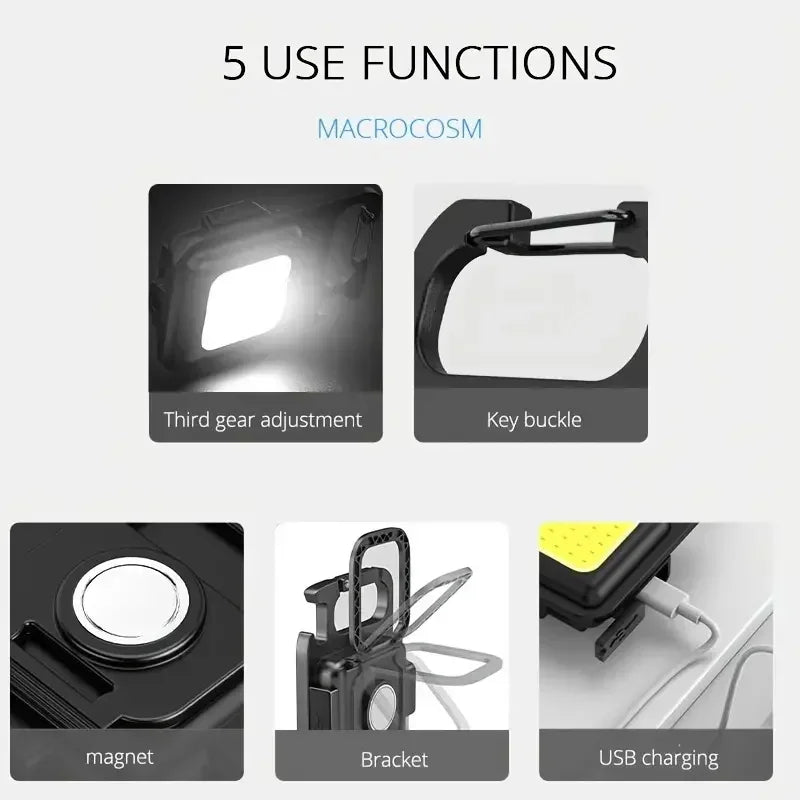 Multifunktionale Mini-Campinglampe – Wiederaufladbare COB-LED mit Schlüsselanhänger, 4 Leuchtmodi & Notlichtfunktion