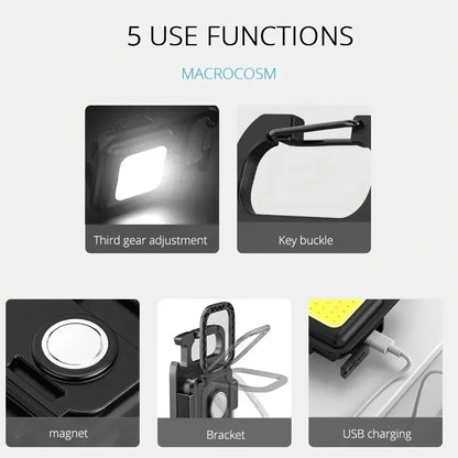 Multifunktionale Mini-Campinglampe – Wiederaufladbare COB-LED mit Schlüsselanhänger, 4 Leuchtmodi & Notlichtfunktion